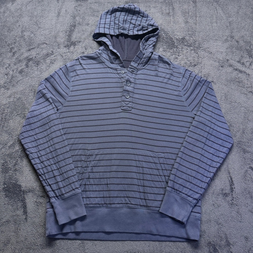 Gap Henley Hoodie Mens XL Blue Striped Long Sleeve Cotton Pullover Pocket
